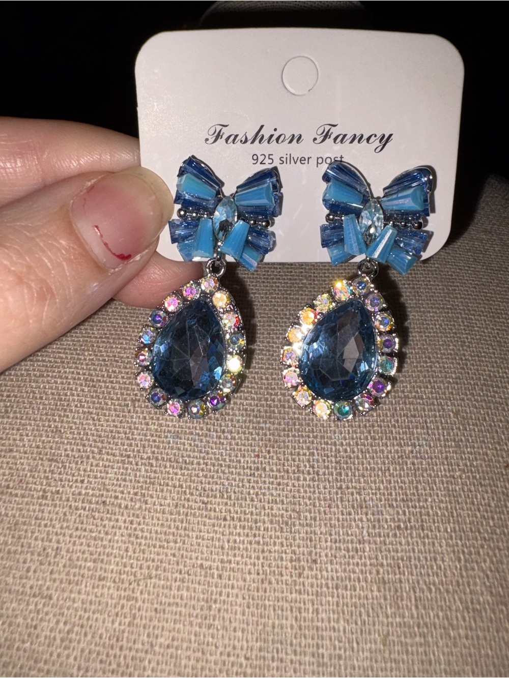 Blue Teardrop Crystal Bow Earrings